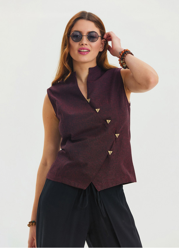 V Neck Cross Buttoned Red Authentic Blouse 4547